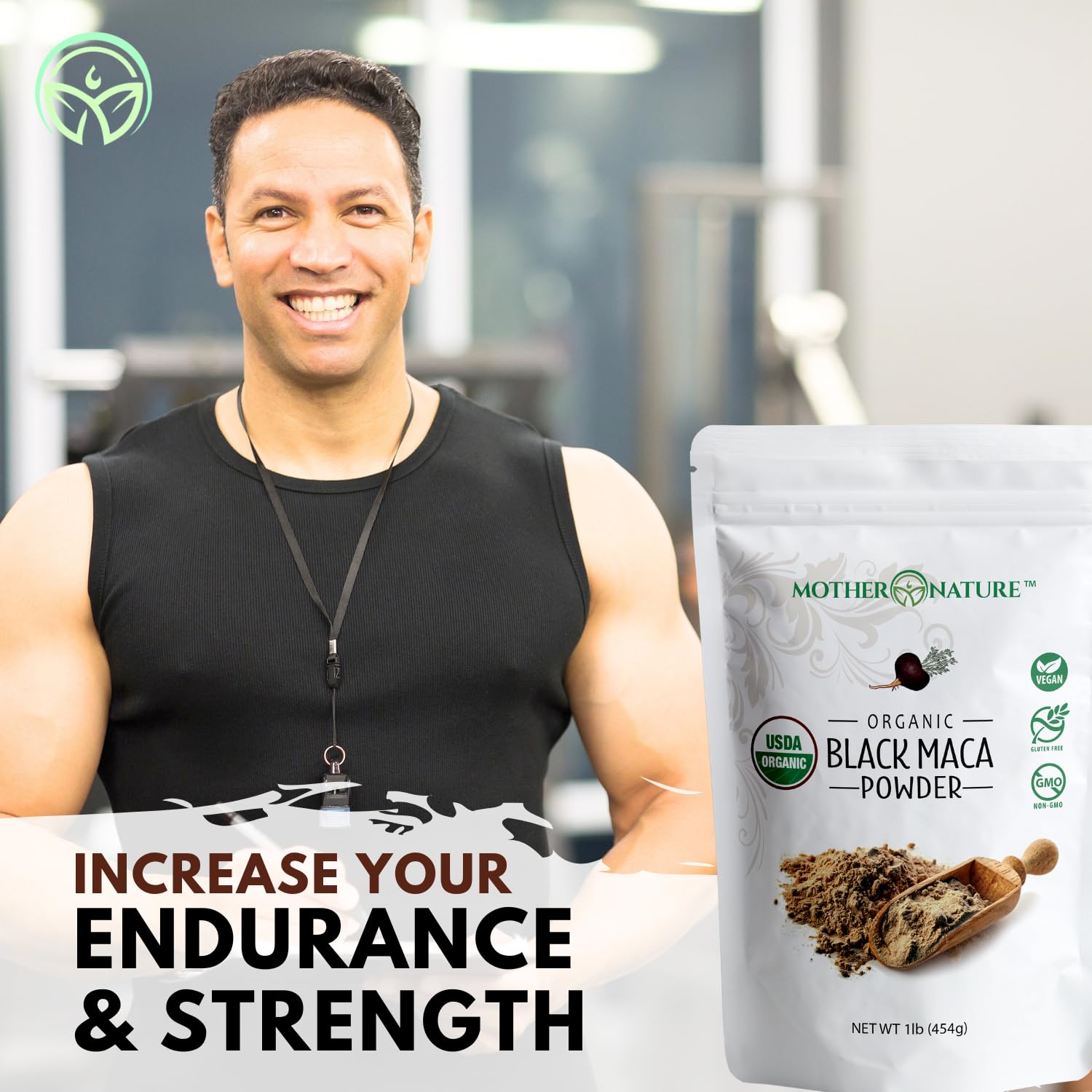 polvo de maca negra textura fina en primer plano por Mother Nature Organics, sensación de pureza