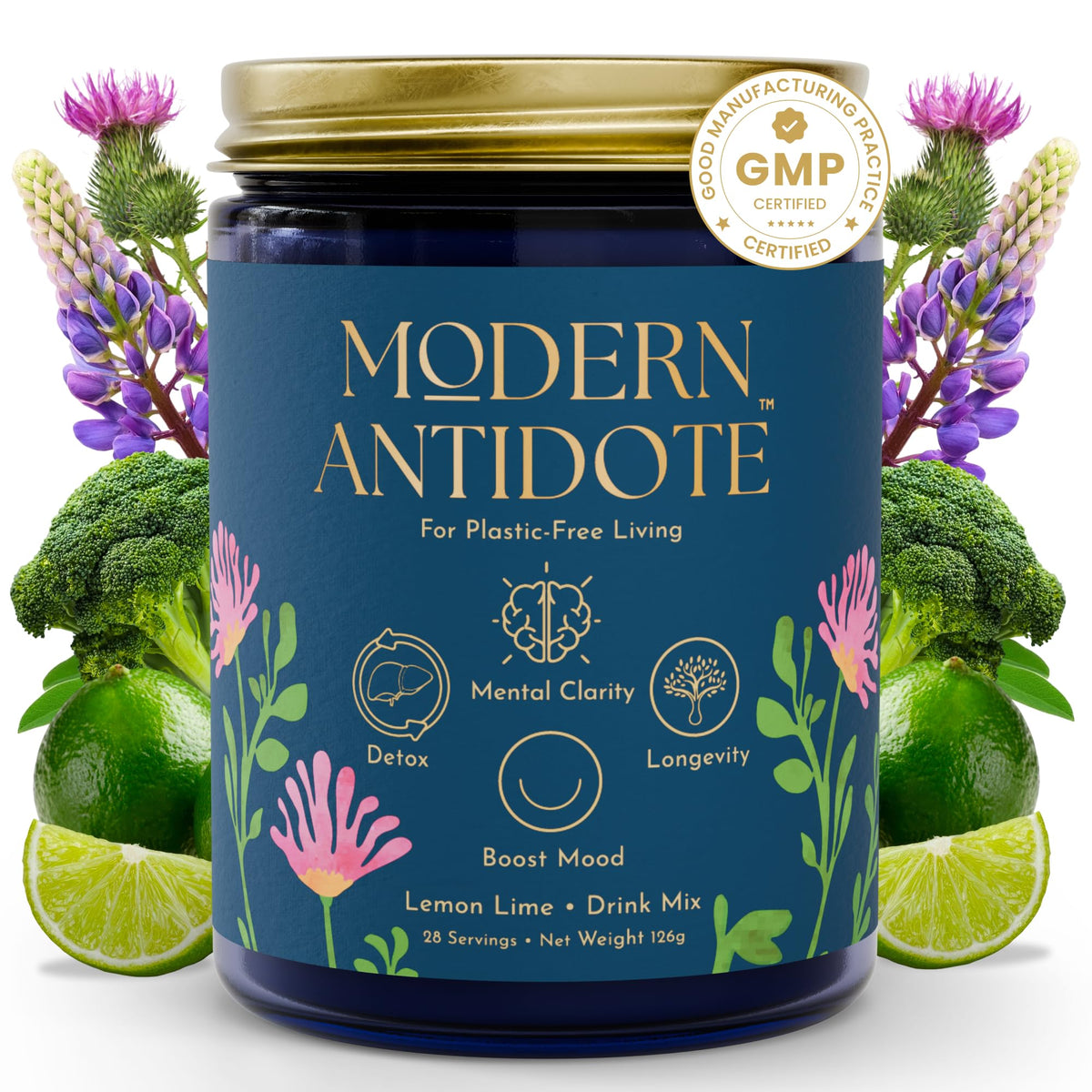 Modern Antidote envase frontal mostrando la marca y beneficios clave