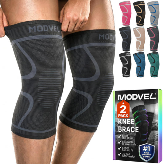 Modvel fajas de rodilla frontales mostrando el pack de dos y ajuste cómodo