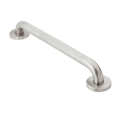 Moen barra frontal en caja mostrando acabado peened y beneficio de seguridad