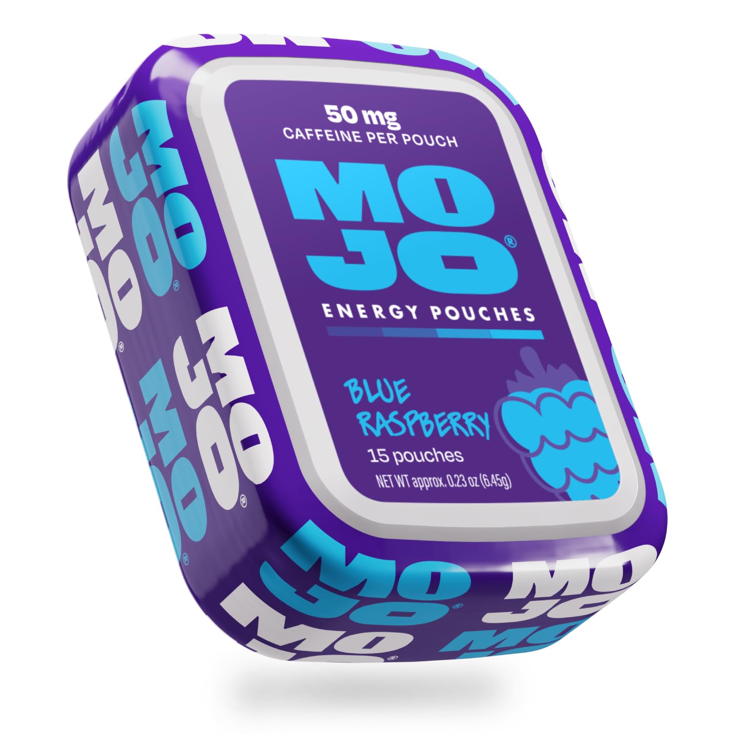 MOJO paquete frontal blue raspberry mostrando 15 bolsitas y beneficio de energía portátil