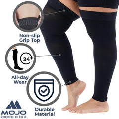 Mojo Compression Socks en pierna mostrando ajuste alto hasta muslo