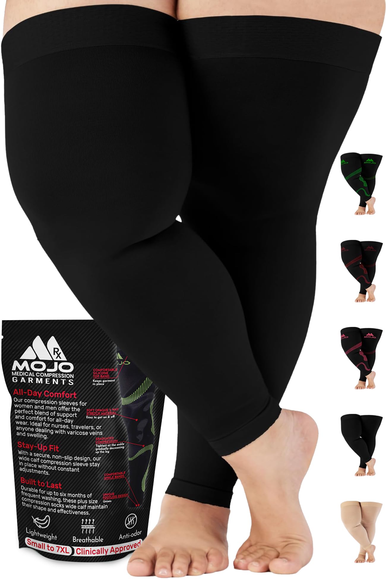 Mojo Compression Socks vista frontal negra, soporte firme y discreto