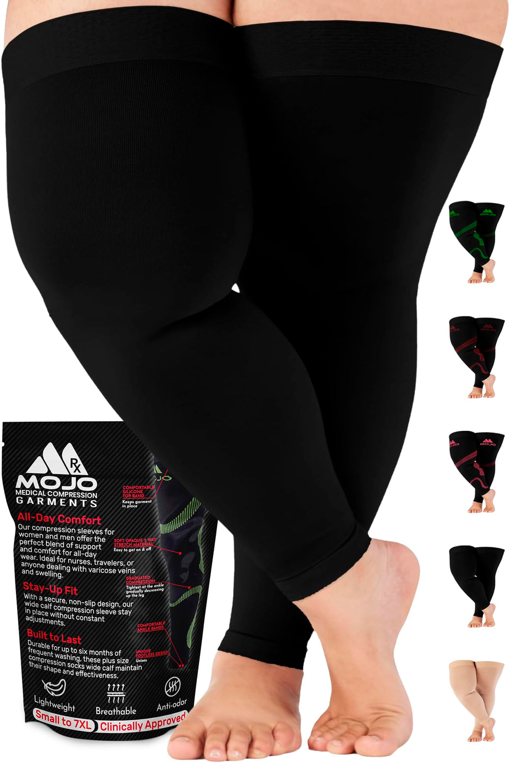 Mojo Compression Socks vista frontal negra, soporte firme y discreto