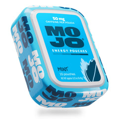 MOJO empaque frontal mostrando 15 pouches menta, práctico y portátil