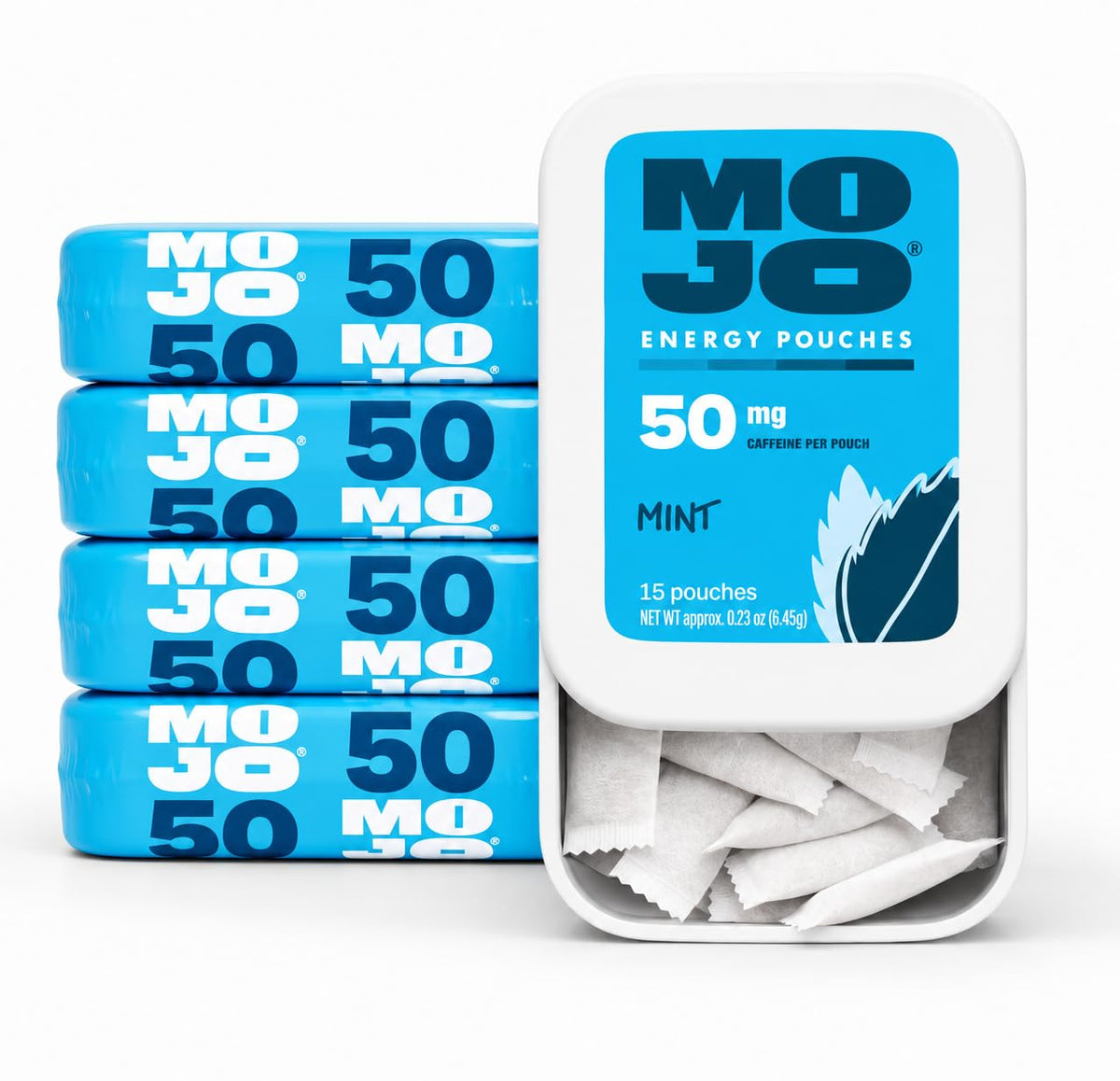 MOJO empaque frontal menta mostrando diseño y conveniencia