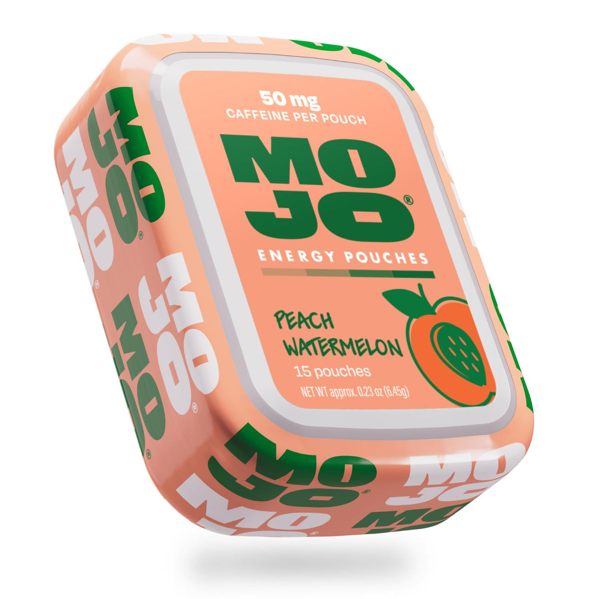 MOJO empaque frontal Peach Watermelon mostrando diseño y conveniencia