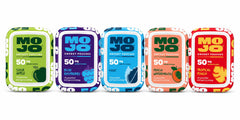 MOJO pouches extendidos destacando los cinco sabores disponibles
