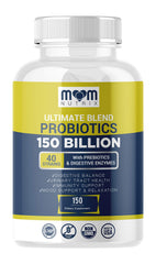 MOM NUTRIX frente del envase mostrando 150 mil millones CFU y 40 cepas para confianza