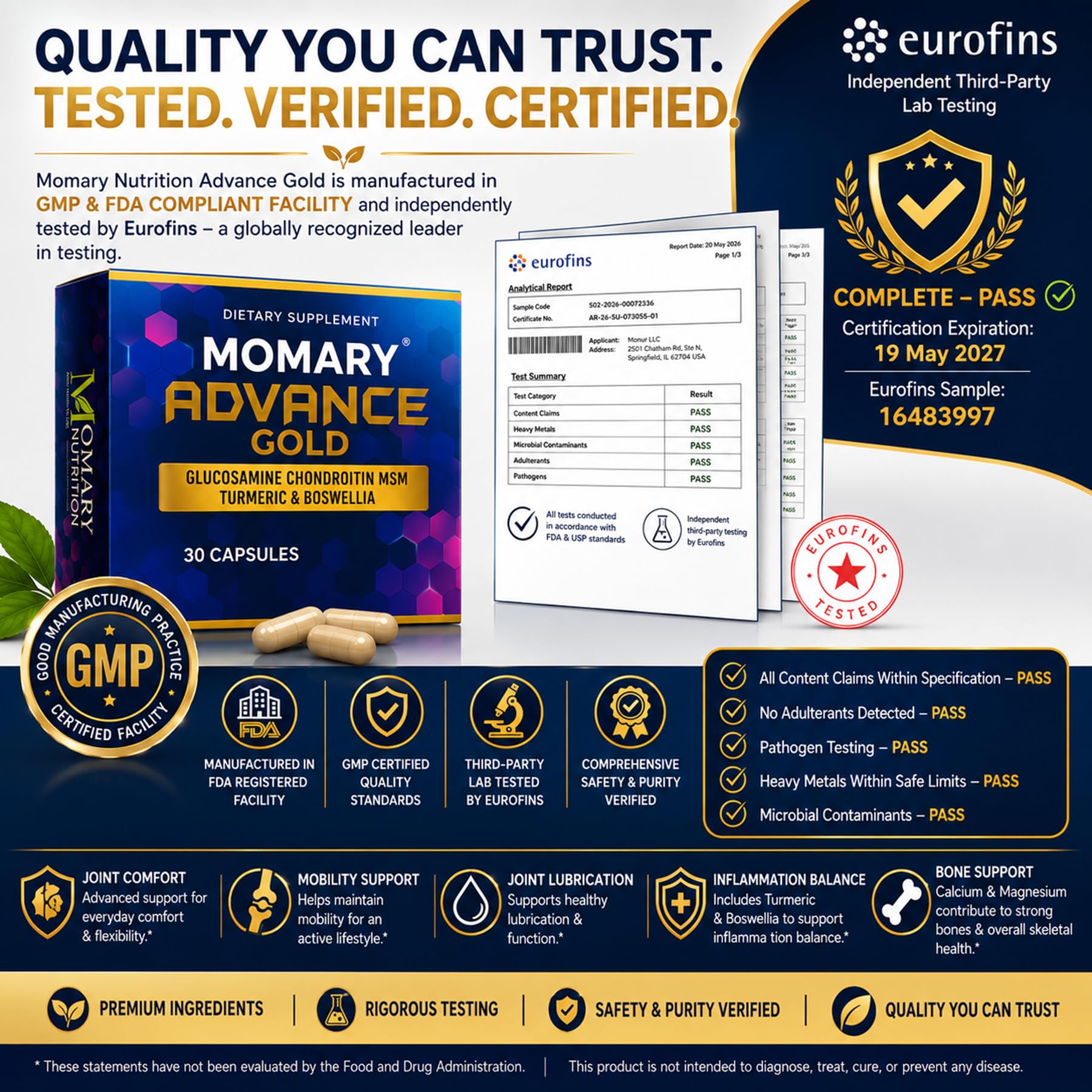 MOMARY NUTRITION sello de laboratorio independiente que indica verificación