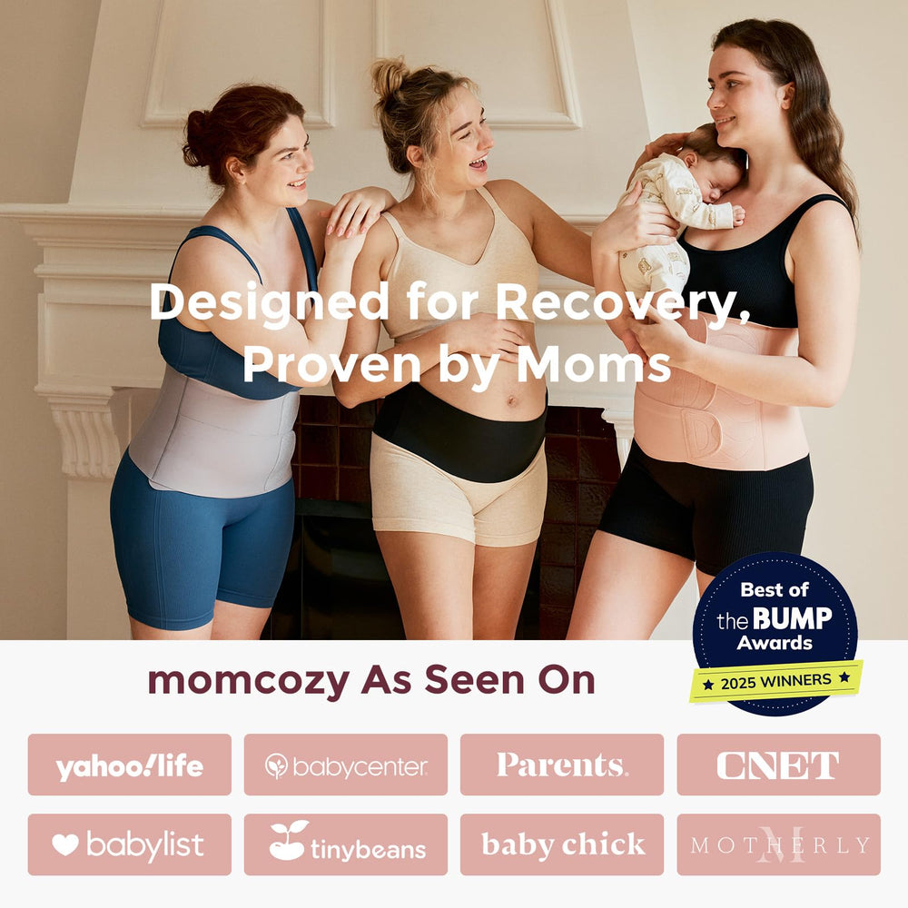 Momcozy mujer usando la faja en ambiente maternidad, confianza activa
