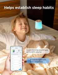 Momcozy en ambiente relajado de habitación mostrando luz y sonido sincronizados