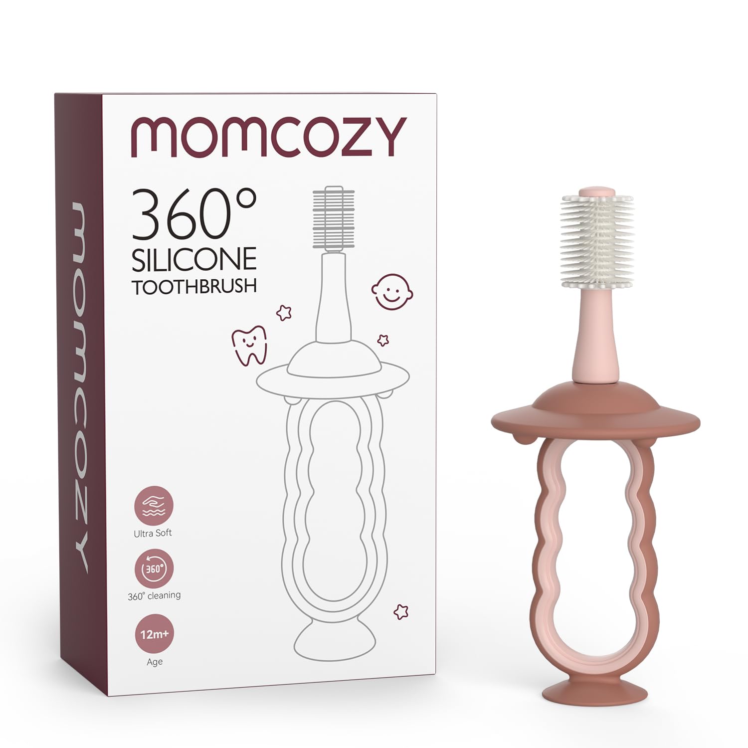 Momcozy cepillo frontal en empaque, presentación segura y clara