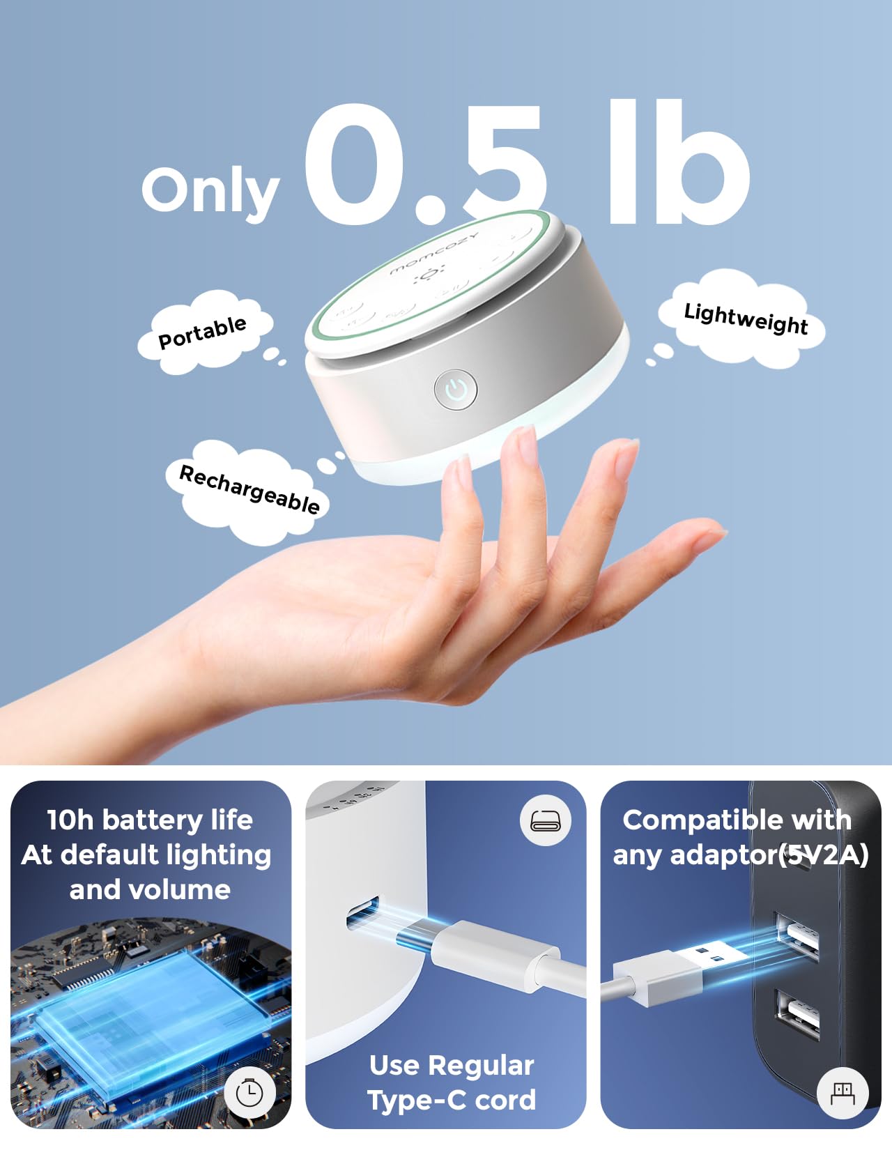Momcozy comparación de tamaño con manos para apreciar portabilidad y peso