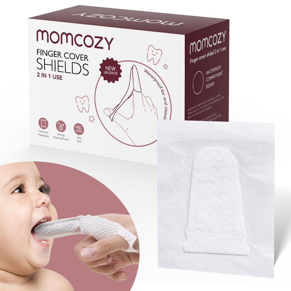 Momcozy empaque delantero mostrando caja compacta y práctico almacenamiento
