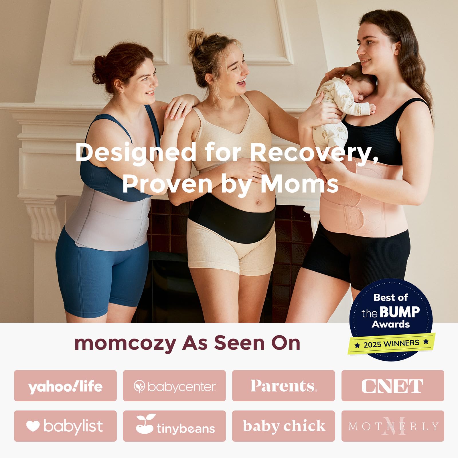 Momcozy Ergowrap etiqueta de material indicando tejido sin látex y suavidad