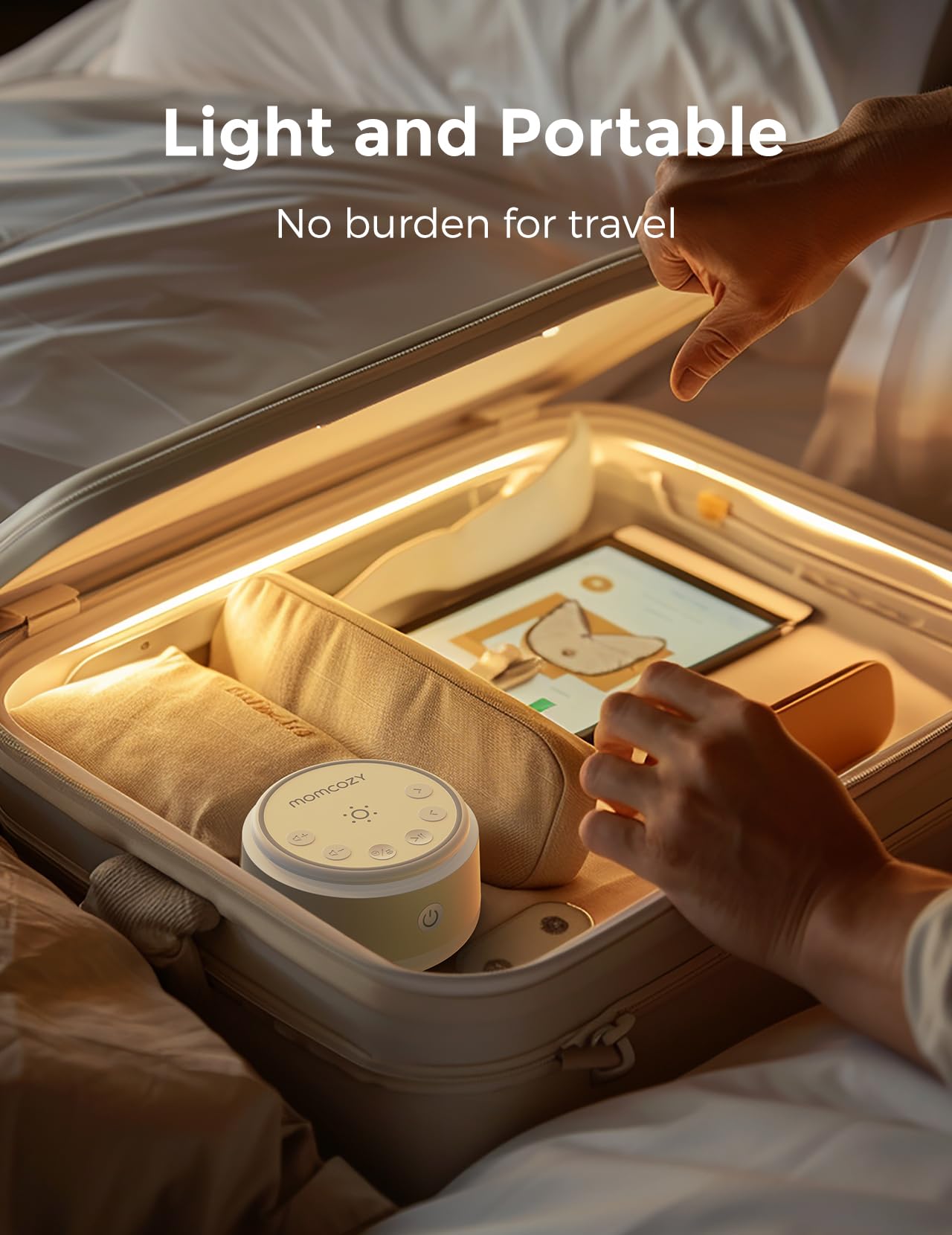 Momcozy portátil en maleta lista para viajes y noches tranquilas