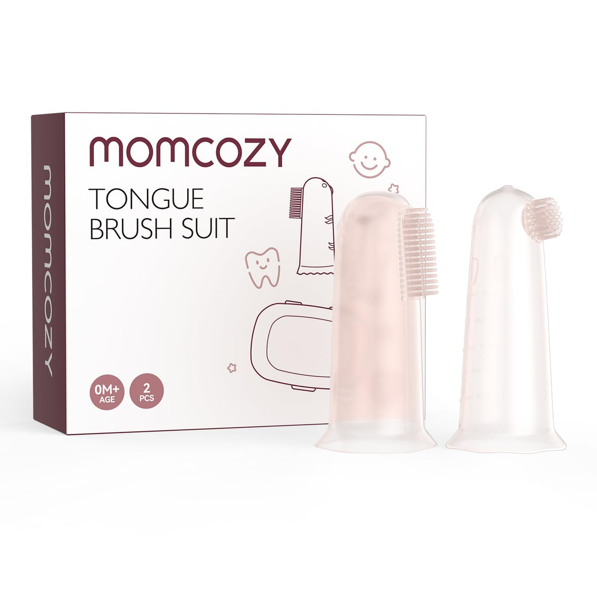Momcozy vista frontal del empaque con dos cepillos y estuche, práctico para viajes
