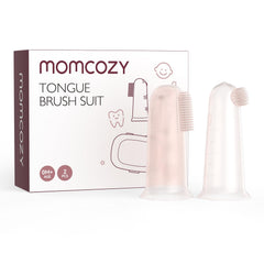 Momcozy vista frontal del empaque con dos cepillos y estuche, práctico para viajes