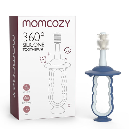 Momcozy cepillo frontal azul mostrando diseño seguro y cerdas suaves