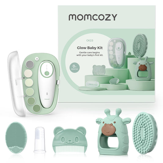Momcozy kit presentación frontal mostrando todas las piezas y utilidad inmediata