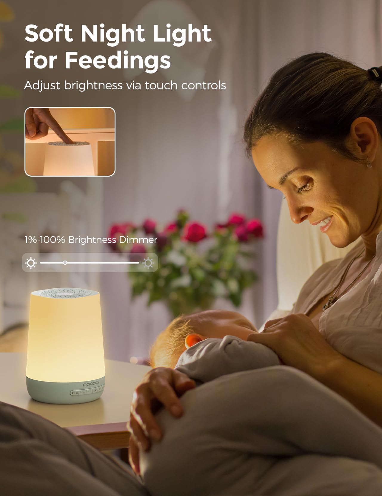 Momcozy luz nocturna mostrando siete colores para ambiente tranquilo