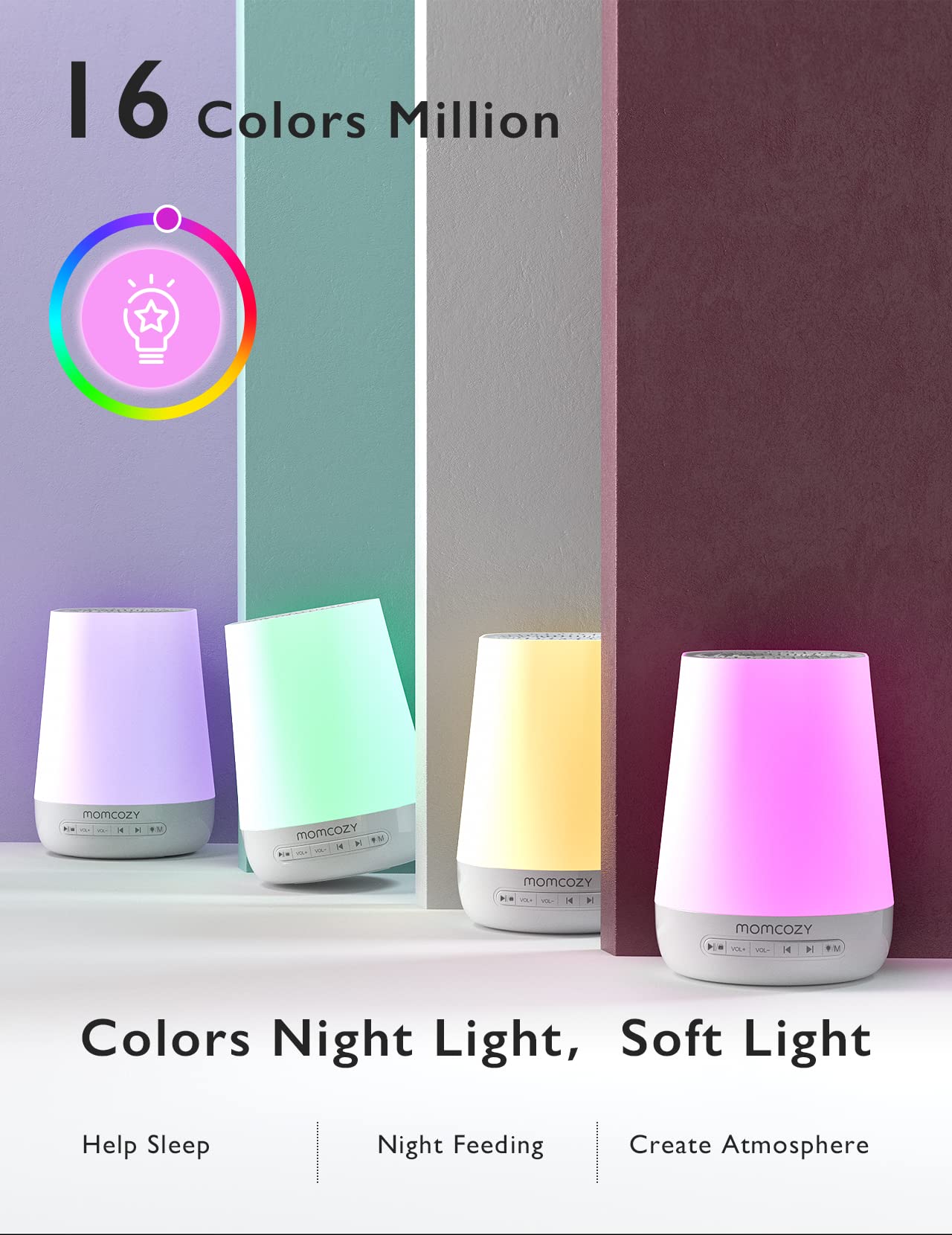 Momcozy luz nocturna mostrando siete colores para distintas atmósferas