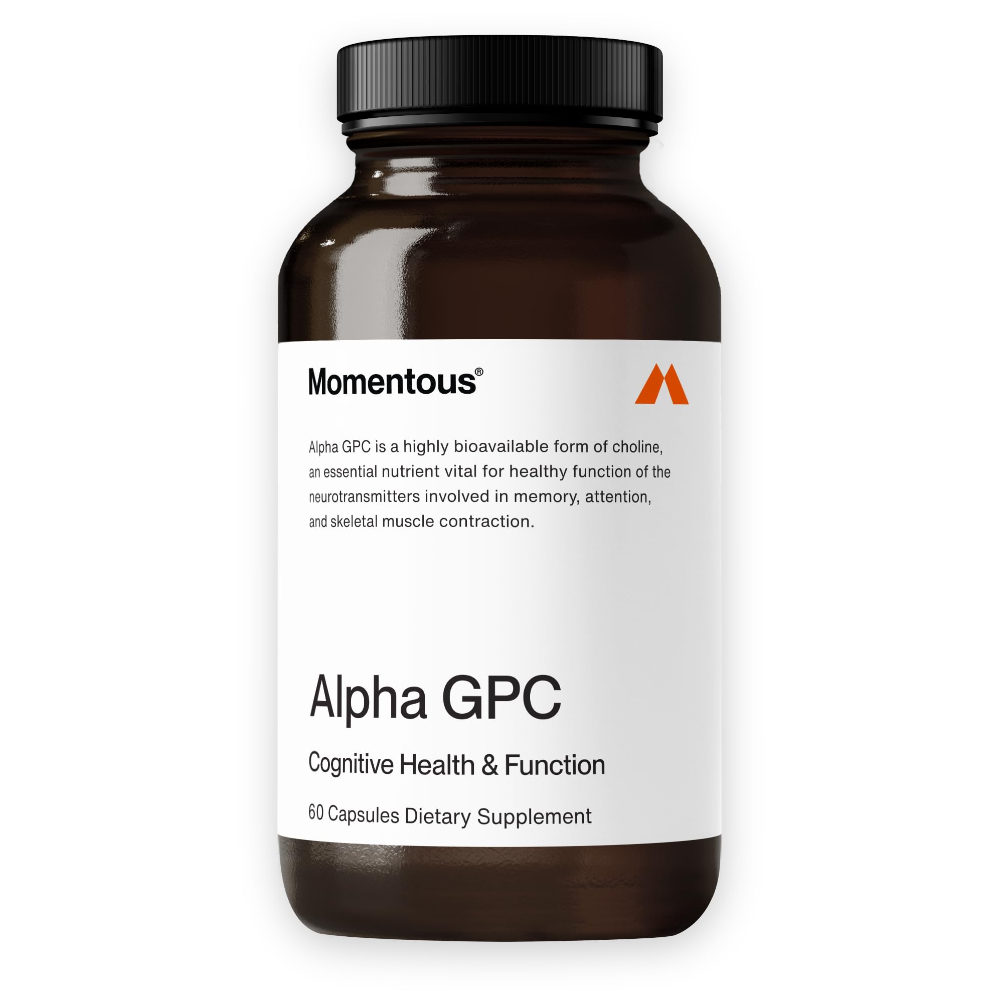 Momentous Alpha GPC frente del empaque mostrando 60 servicios y ventaja de dosificación precisa