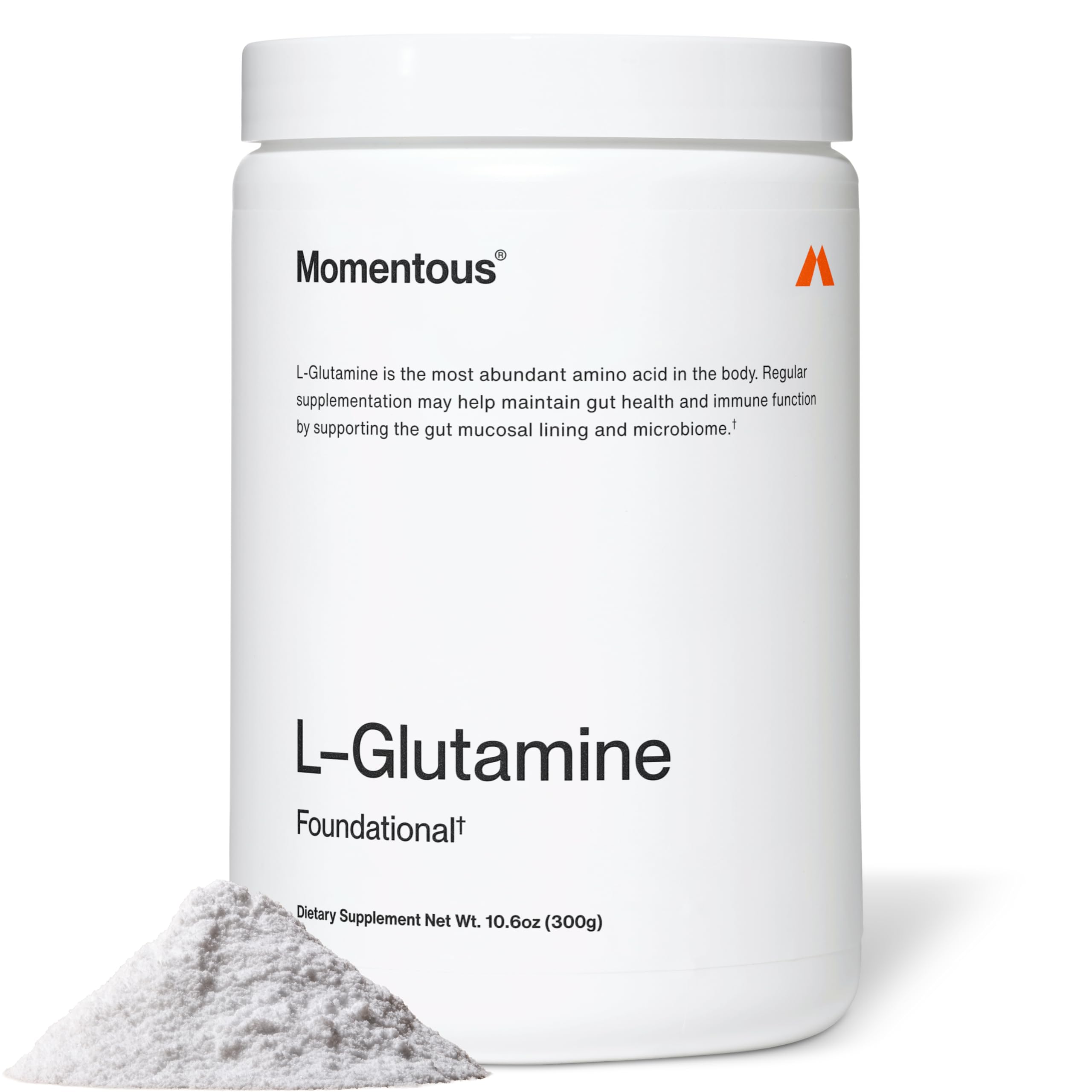 Momentous L-Glutamine frente del envase mostrando etiqueta y porciones