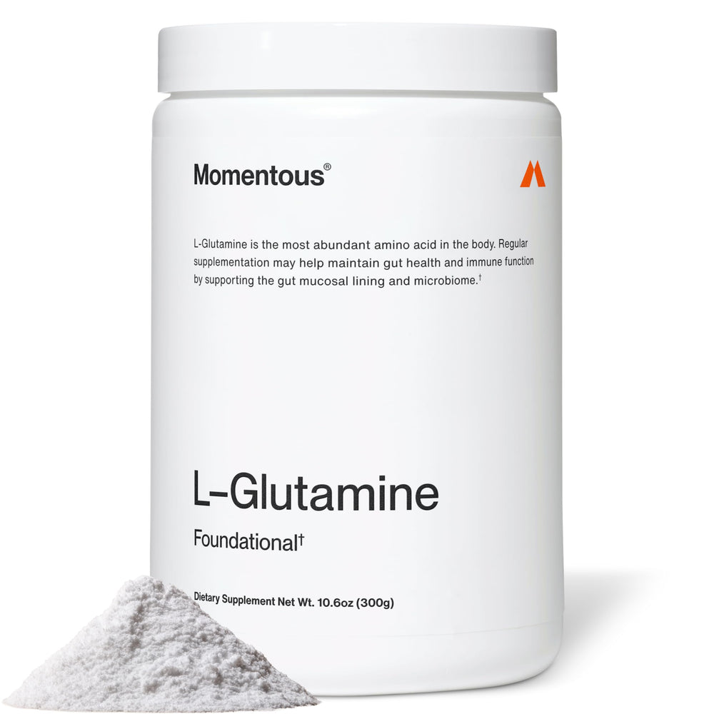 Momentous L-Glutamine frente del envase mostrando etiqueta y porciones