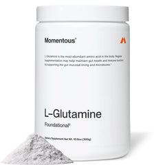 Momentous L-Glutamine frente del envase mostrando etiqueta y porciones