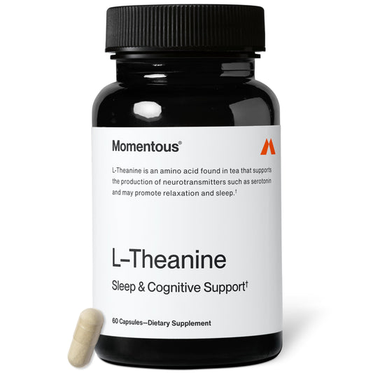 Momentous empaque frontal mostrando L-Theanine y beneficio de calma
