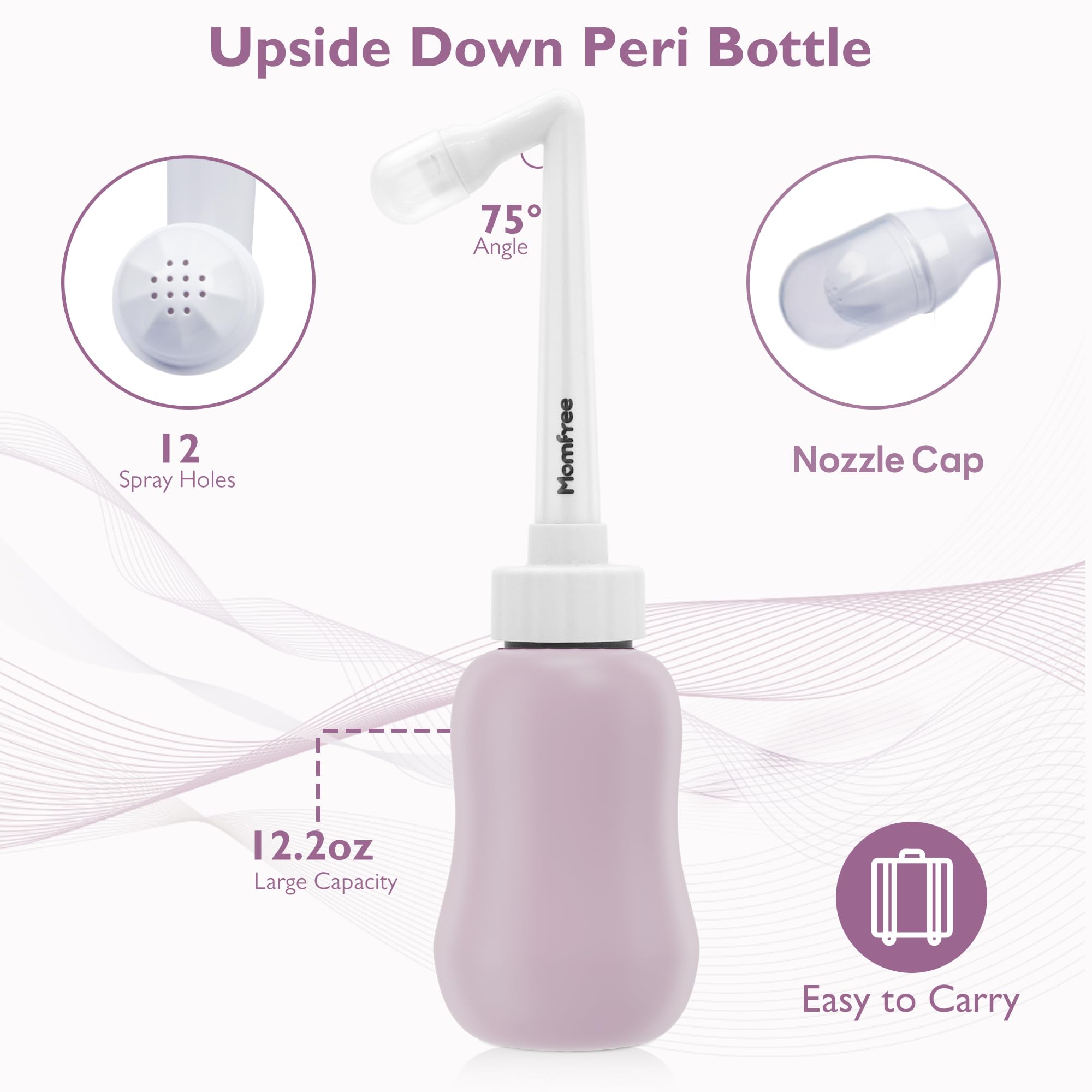 Momfree botella peri invertida 75° detalle ergonómico para limpieza suave