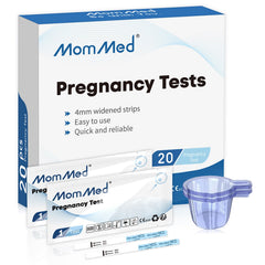 MomMed empaque frontal con 20 tiras y vasos mostrando confiabilidad