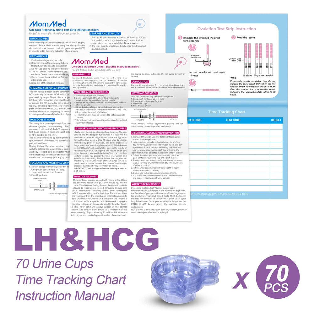 MOMMED caja abierta mostrando las pruebas HCG listas para usar y ordenadas