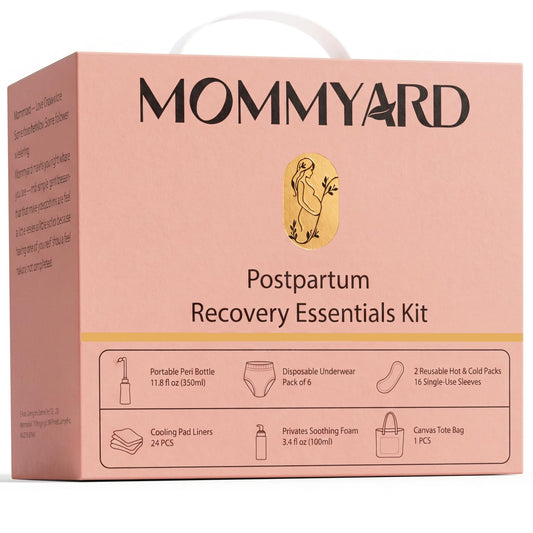 Mommyard empaque frontal del kit postparto mostrando todos los elementos para comodidad