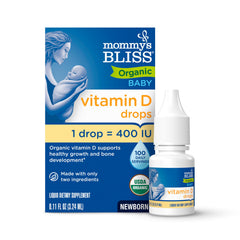 Mommy's Bliss frente del empaque mostrando vitamina D orgánica y beneficios