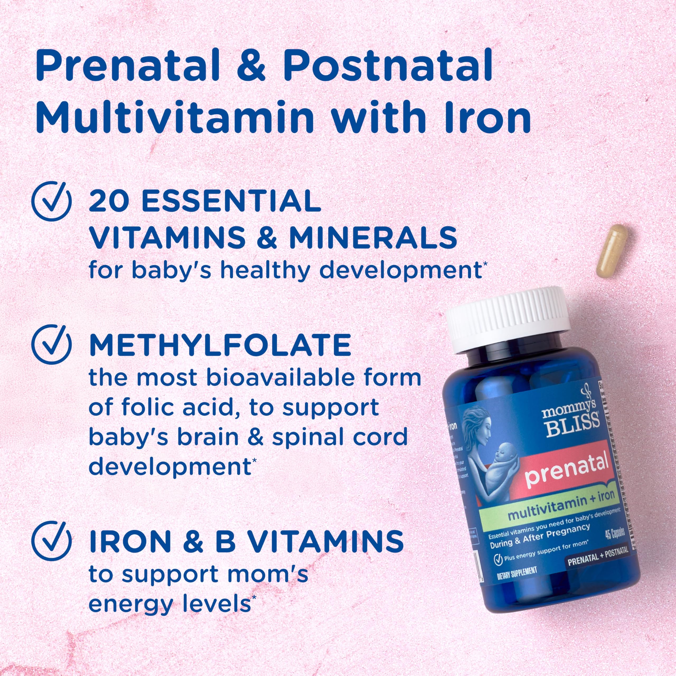 Mommy's Bliss ingredientes cerca mostrando metilfolato y minerales clave