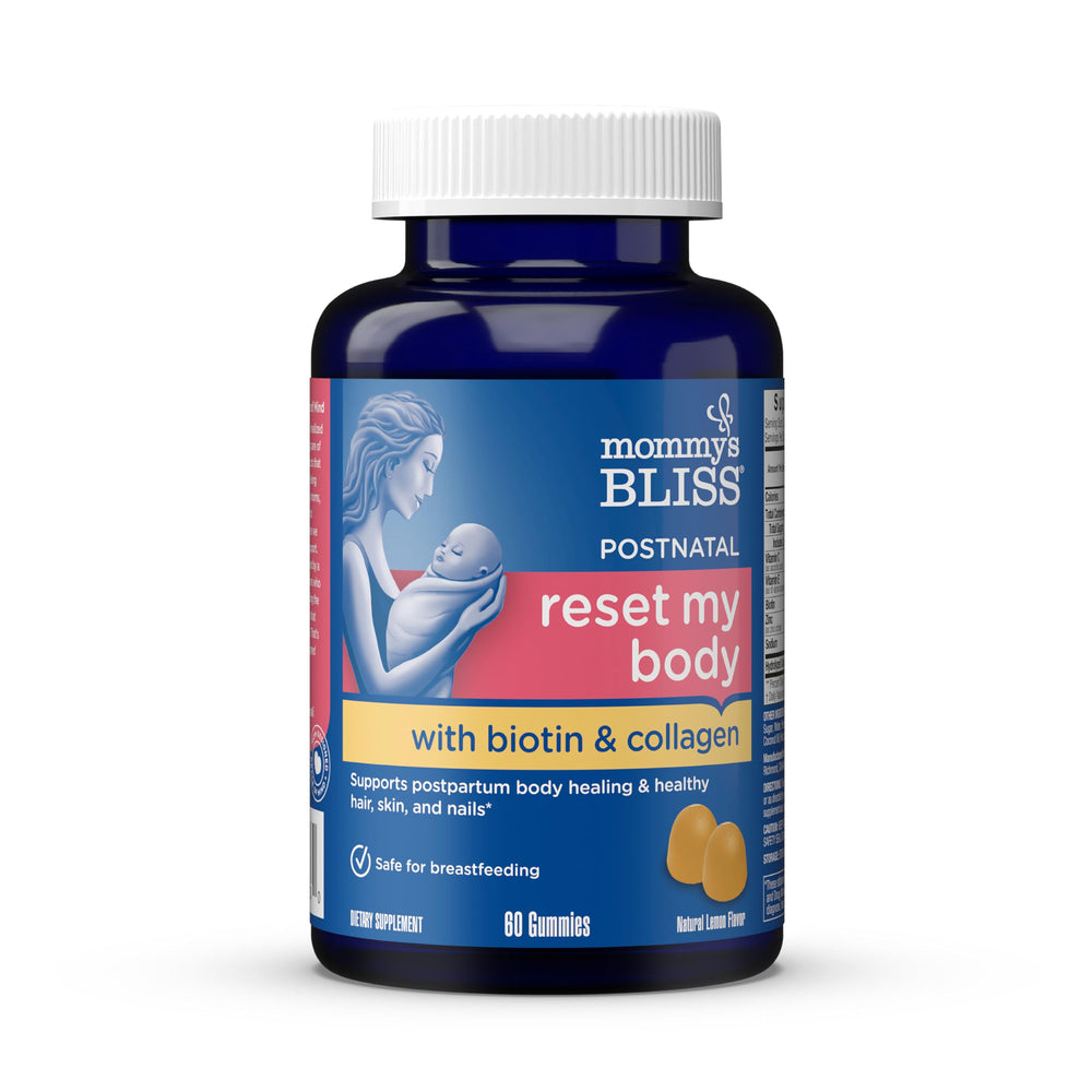Mommy's Bliss envase frontal Reset My Body mostrando diseño y beneficio posparto