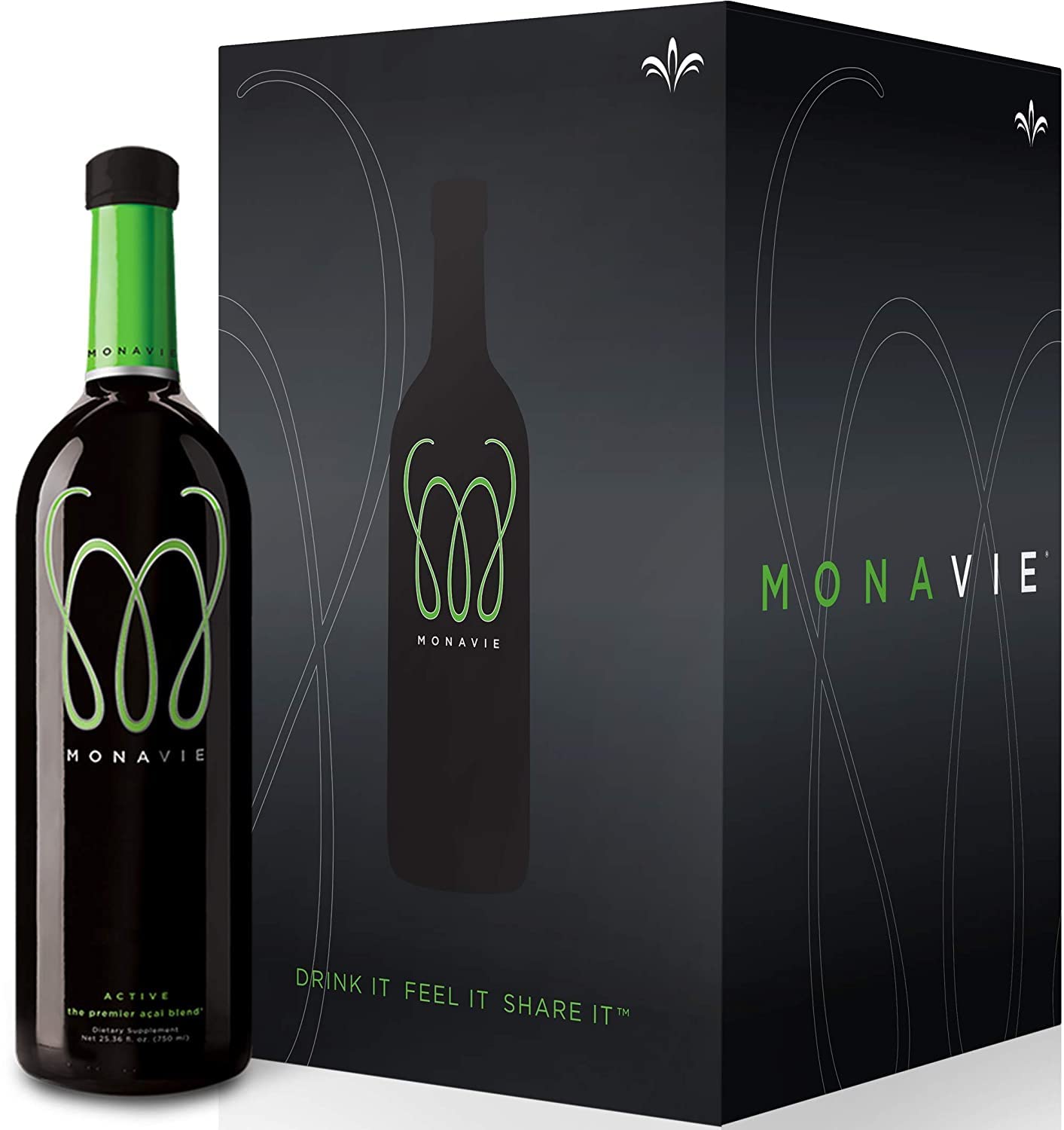 Monavie Active frente del empaque mostrando 4 botellas y etiqueta clara