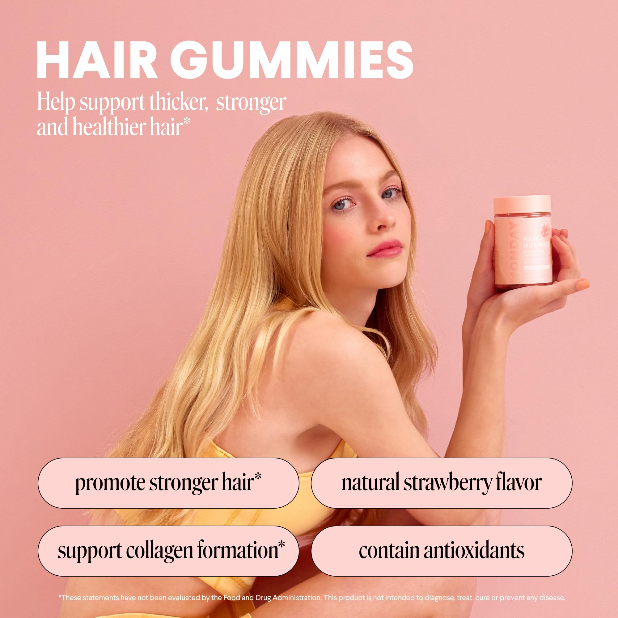 MONDAY HAIRCARE primer plano de gomita con textura y atractivo sabor a fresa