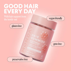 MONDAY HAIRCARE gomitas junto a productos de rutina de baño mostrando uso diario