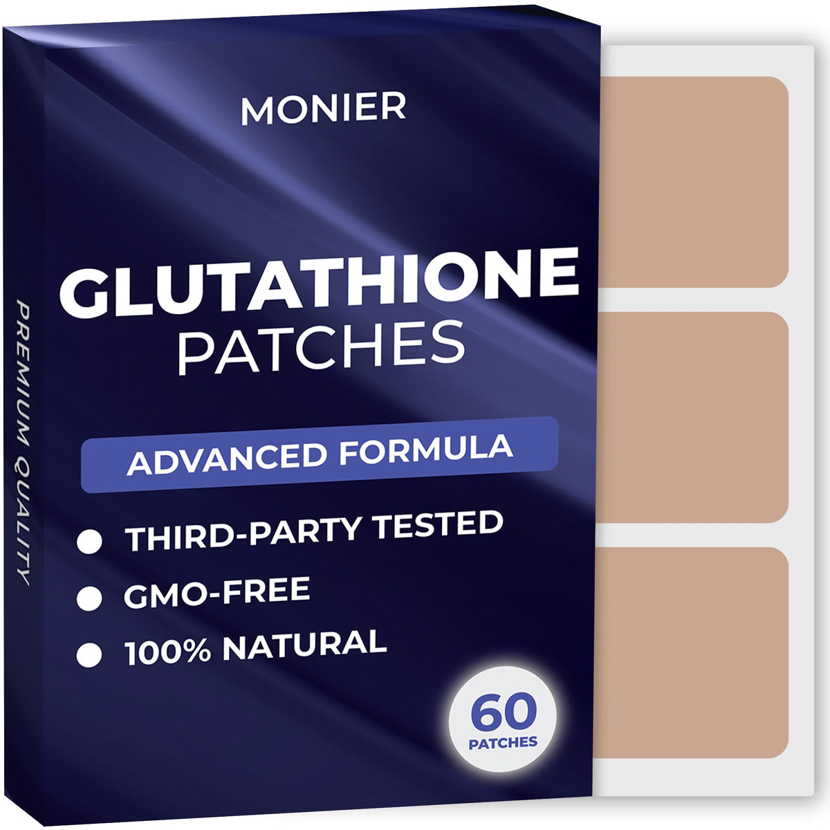 MONIER empaque frontal del pack con 60 parches, muestra almacenamiento práctico