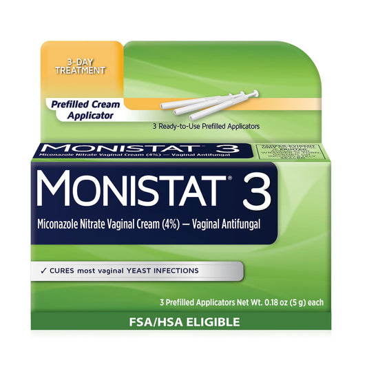 Monistat empaque frontal mostrando crema y 3 aplicadores, comodidad rápida