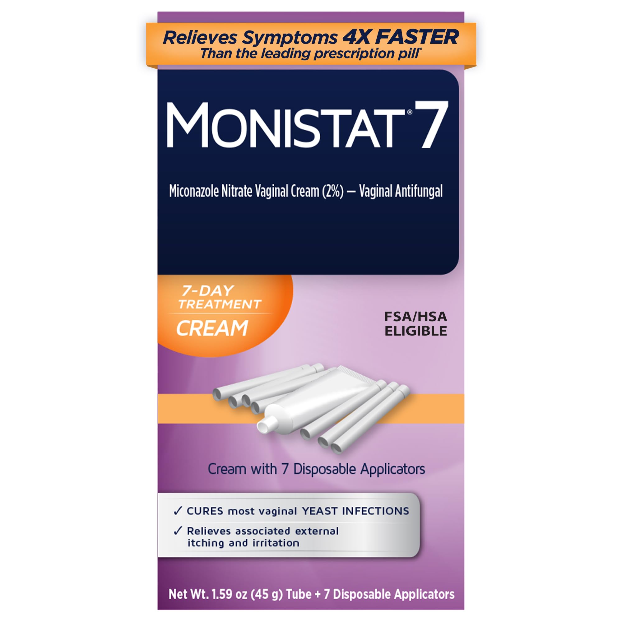 Monistat paquete frontal mostrando producto y beneficios rápidos