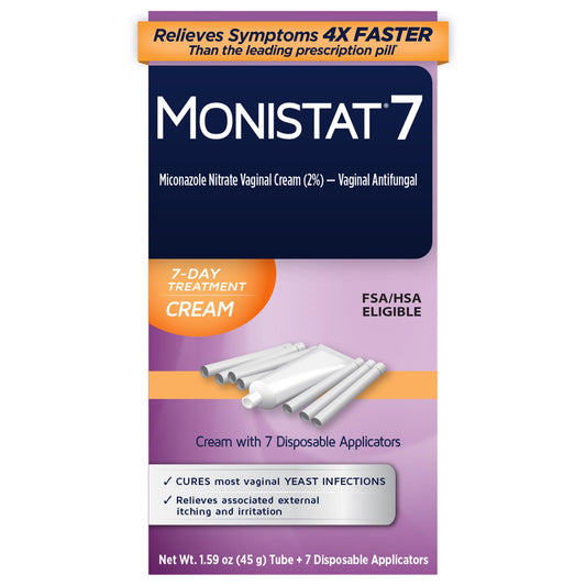 Monistat paquete frontal mostrando producto y beneficios rápidos