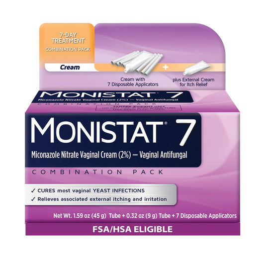 Monistat embalaje frontal mostrando el pack combinado y beneficios rápidos