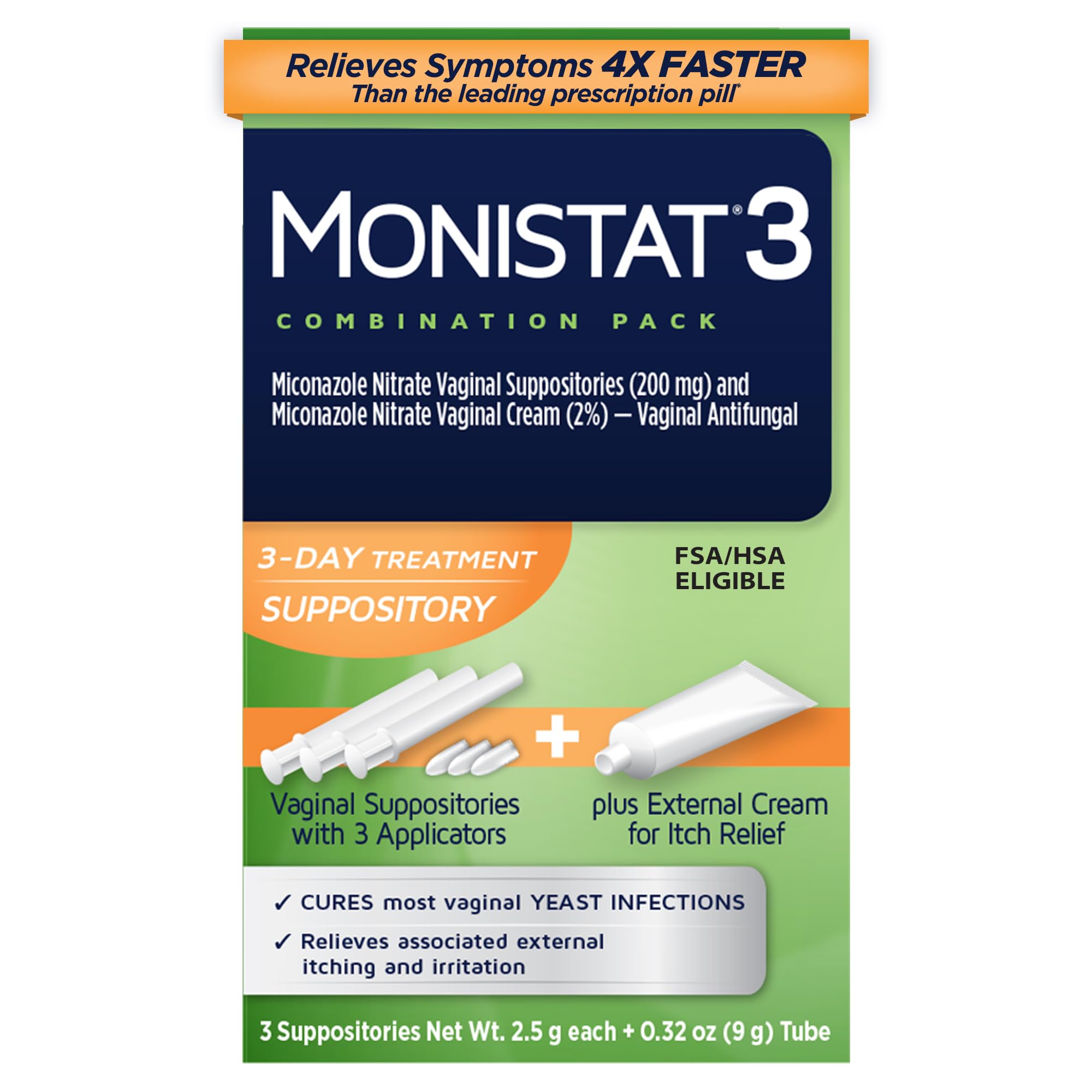 Monistat empaque frontal mostrando el kit completo y sensación de confianza