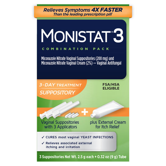 Monistat empaque frontal mostrando el kit completo y sensación de confianza