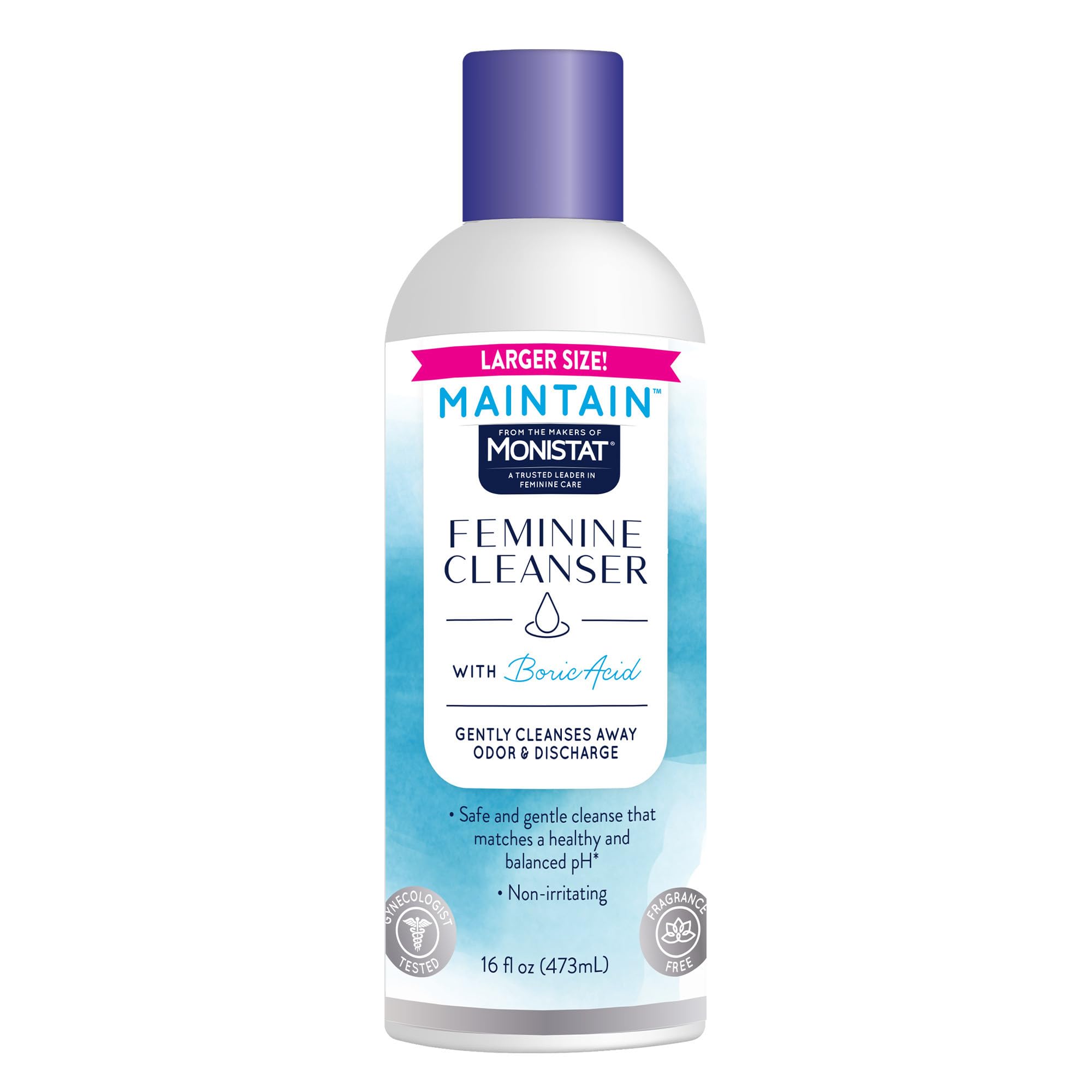 Monistat frente del envase 16 oz muestra volumen y uso diario